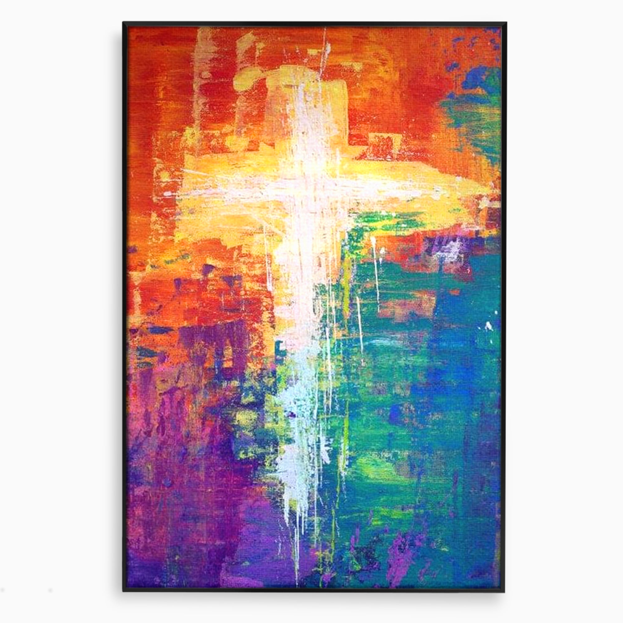 Tablou canvas cu tablou pictat cu o cruce luminoasa, in rama de aluminiu negru